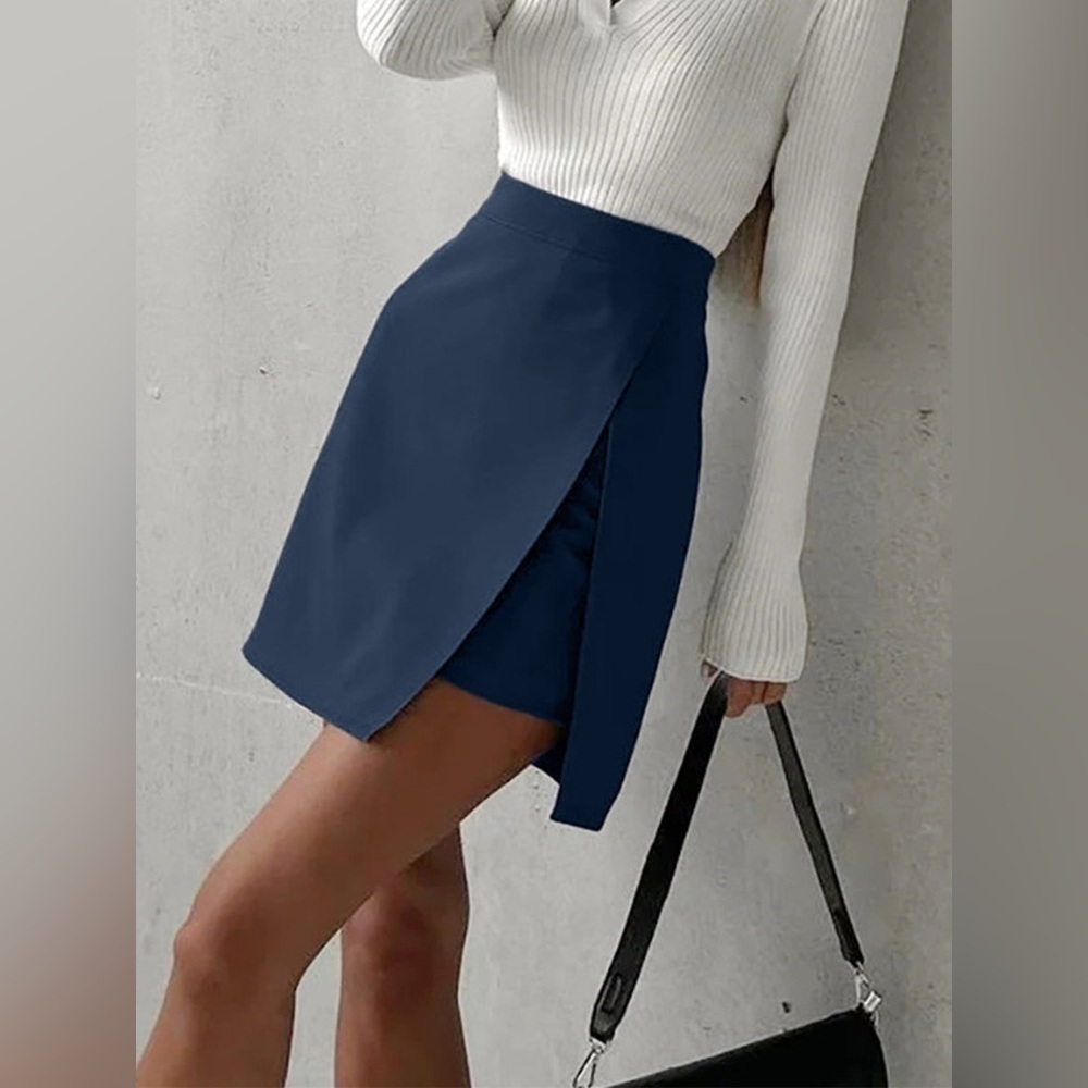 Commense Asymmetric Layered Split Mini Skirt blue size XS preppy fall academia